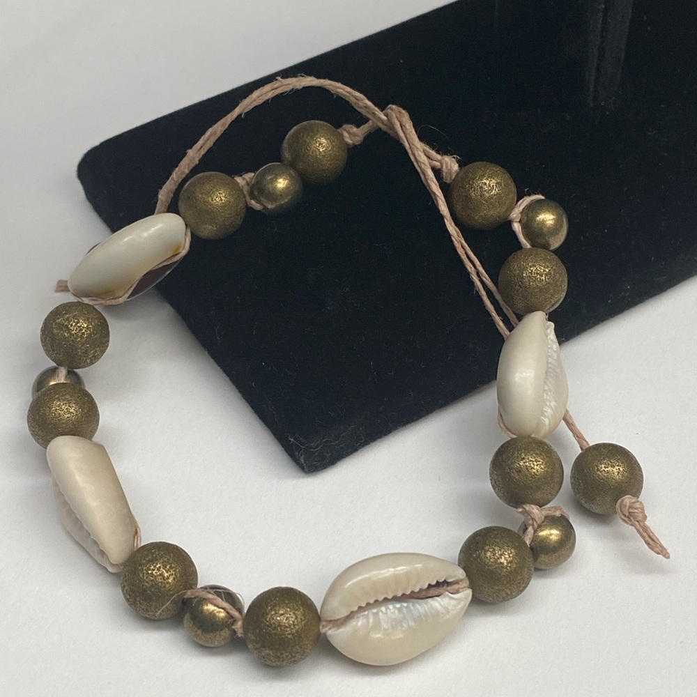 Tie on Bronze Beaded and Cowrie Shell Hemp Bracelet or Anklet